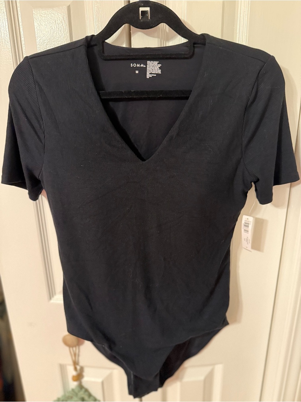 NWT Soma V-Neck Bodysuit M Black Ribbed Short Sleeve Stretch